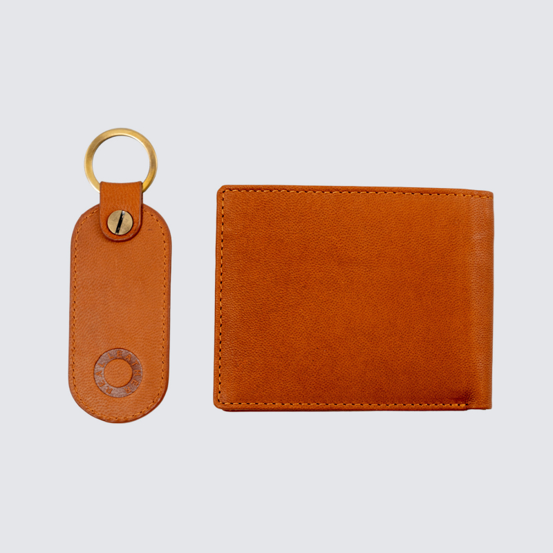 Tan Crest Leather Wallet & Key Ring Gift Set