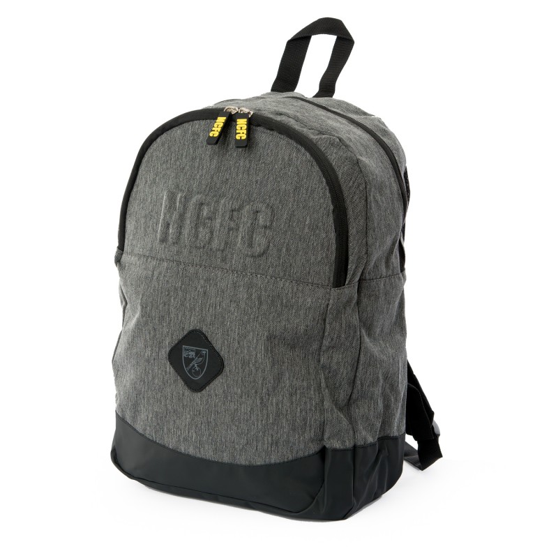 grey and black backpack featuring a raised NCFC text design on the front and stitched detail with a club crest
