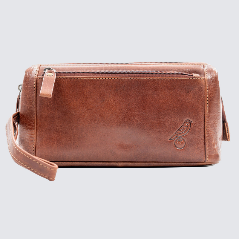 Tan Real Leather Crest Wash Bag  Tan Real Leather Crest Wash Bag